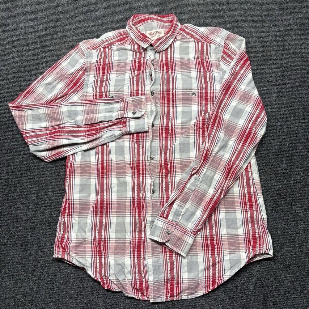 Mossimo Supply Co Men’s Medium Red Gray Plaid Button Up Long Sleeve Shirt Cotton